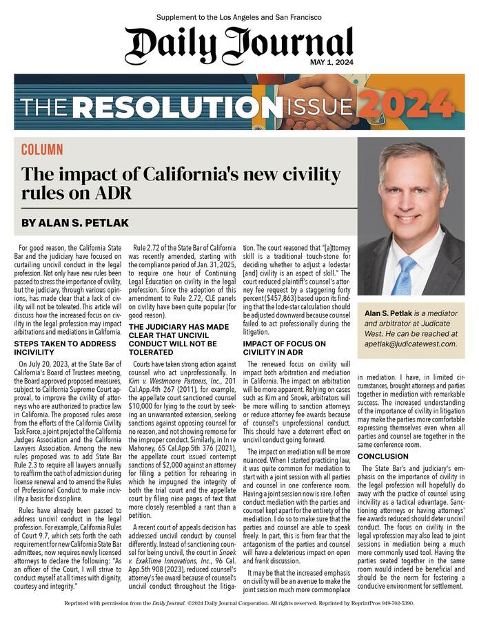 The impact of California new civility rules on ADR